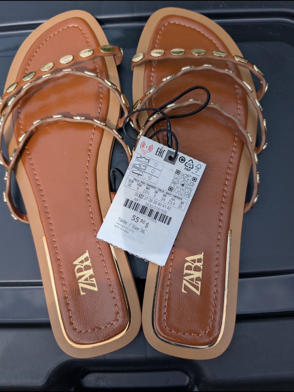 (6/36) ZARA Tan Brown Flat Studded Strappy Sandals